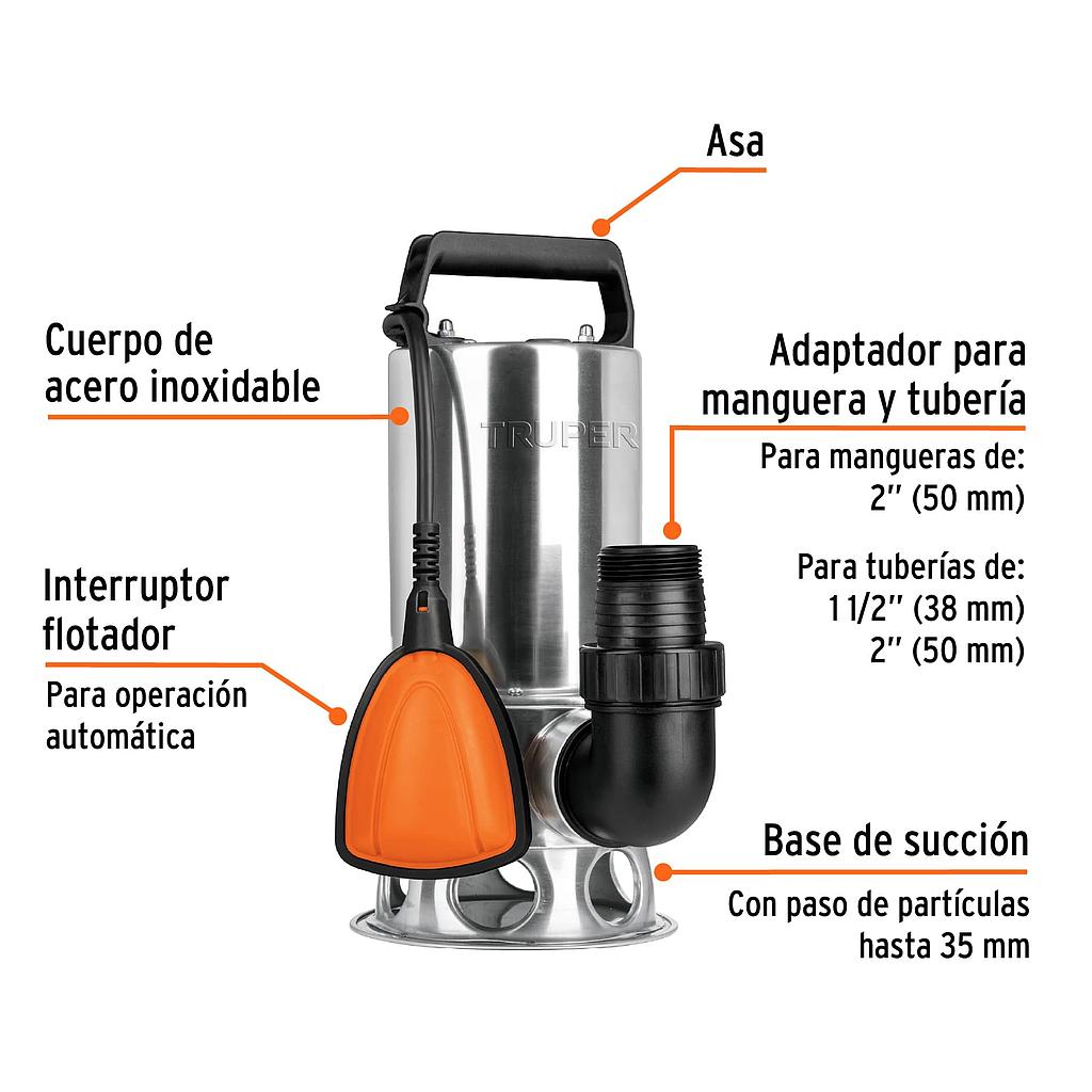 BOMBA SUMERGIBLE ACERO INOXIDABLE AGUA SUCIA 1 HP .