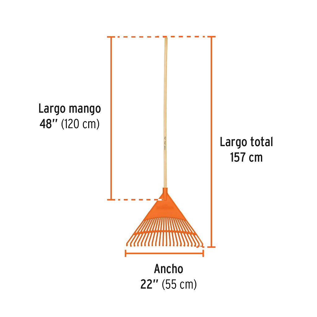 ESCOBA PLÁSTICA PARA JARDÍN, RÍGIDA, 22 DIENTES, MANGO 48'