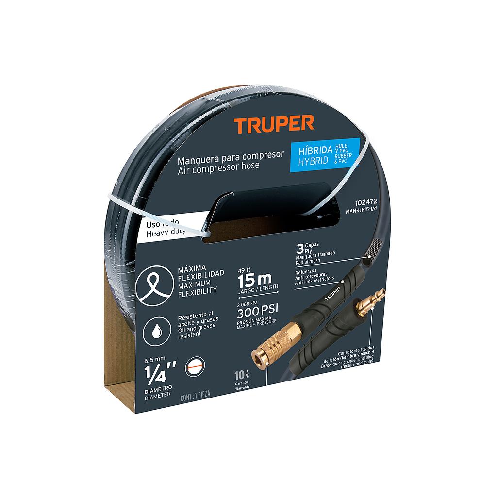 MANGUERA PARA COMPRESOR, HÍBRIDA, 15M X 1/4', TRUPER
