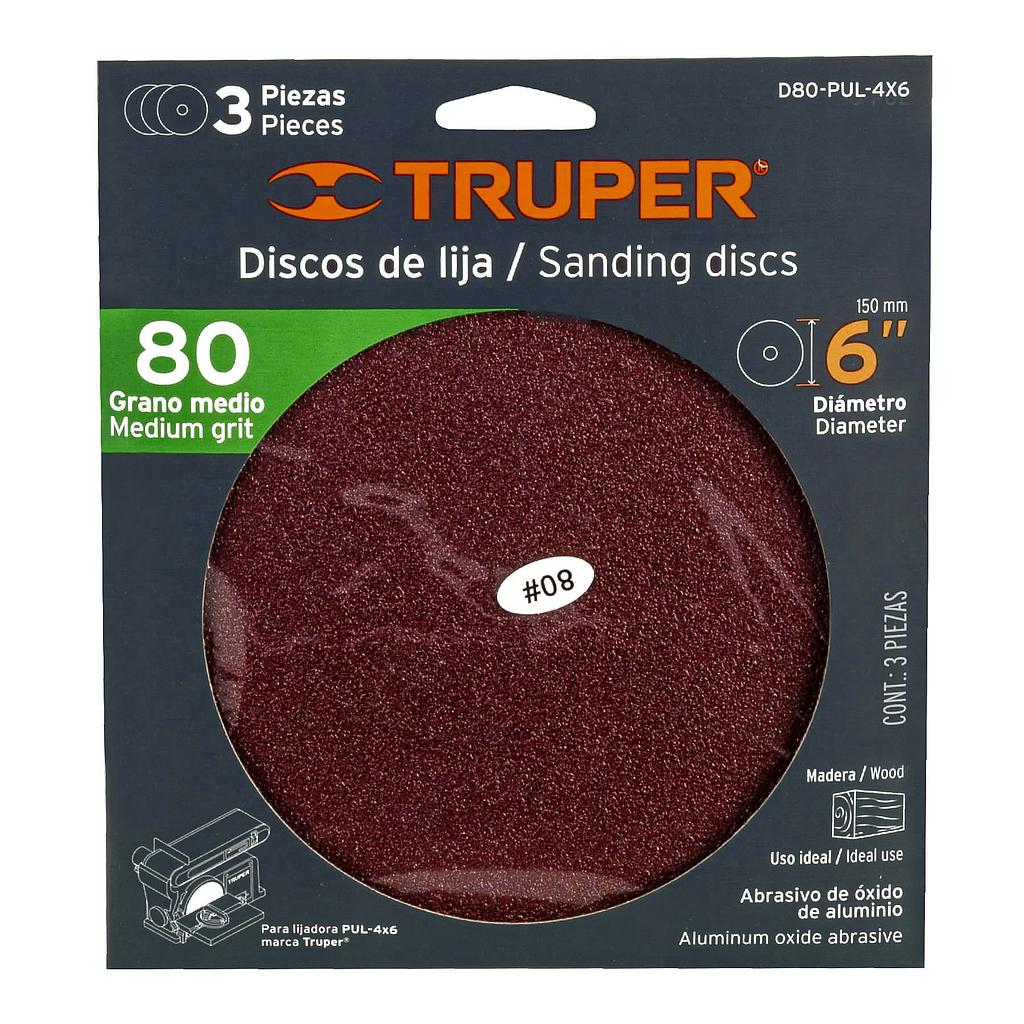 PAQUETE C/3 DISCOS DE LIJA 6' GRANO 80 PARA, PUL-4X6T
